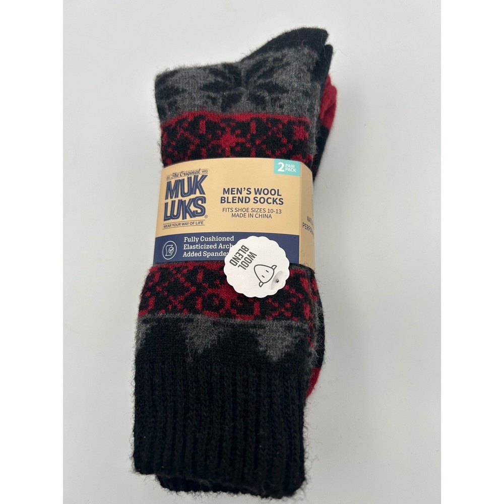 Muk Luks Mens Wool Blend Socks 2 Pair Pack Black Red Fair Isle Shoe Size 10-13